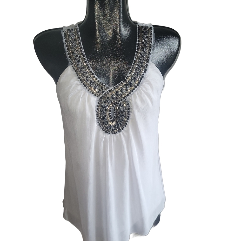 Peridot Light Grey Sleeveless Chiffon Top with Beaded Neckline M